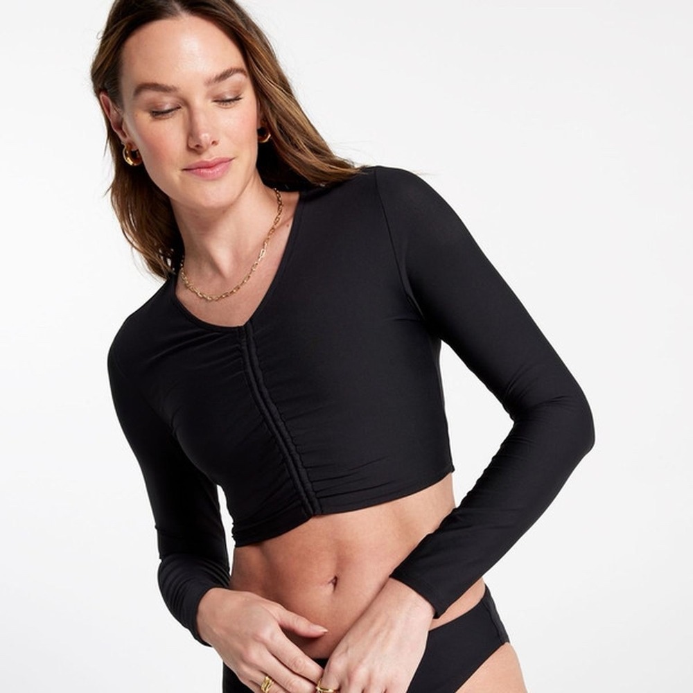 CALIA Women's Long Sleeve Ruched Swim Rashguard Size Medium Black NWT‎ $58